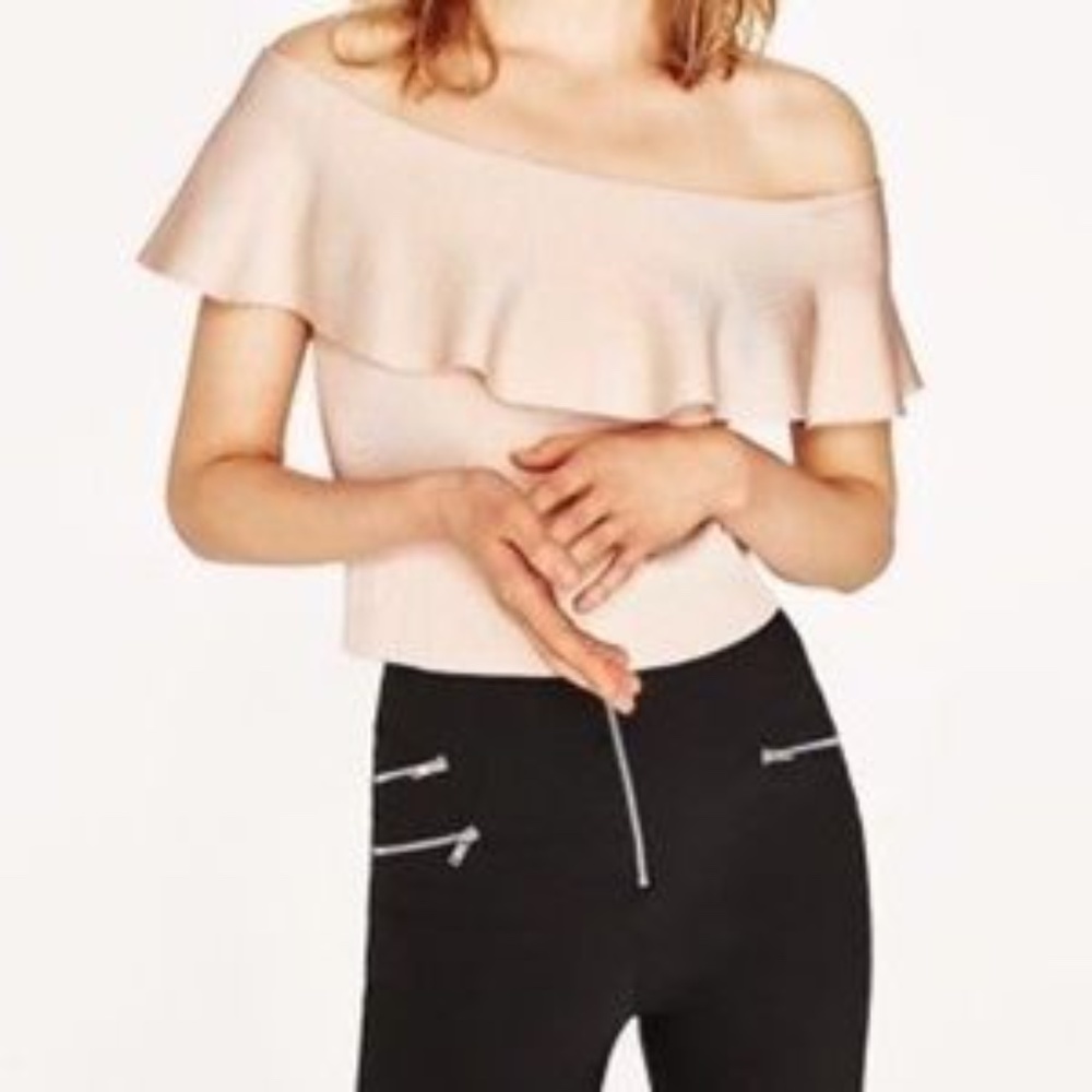 ZARA,  off the shoulder crop top with frill